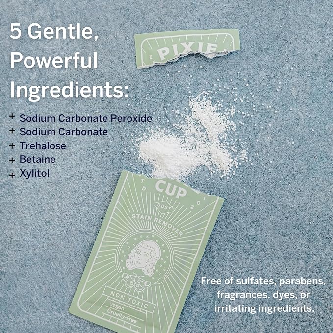 Pixie Cup Stain Remover - The Only Sterilizer Cleaner that Will Remove Stains On Your Reusable Menstrual Discs & Period Cups - Organic and Natural Ingredients for Feminine Care (5 Packets)