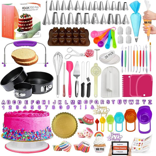 RFAQK 700 PCs Cake Decorating Kit with Baking Supplies Cake Decoration Set including Springform Pans, Cake Turntable, Numbered Piping Tips, Icing Spatulas, Fondant tools & much more (700Pcs)