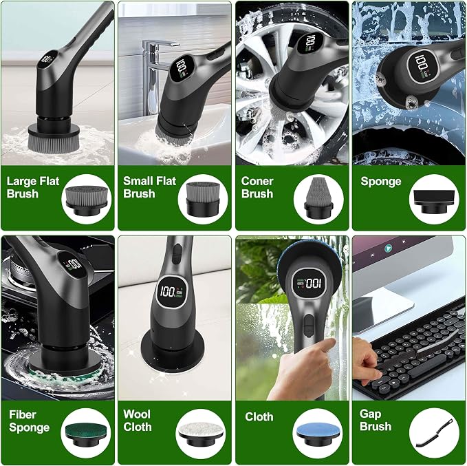 Electric Spin Scrubber, Shower Scrubber with Long Handle Adjustable LCD Display, 2 Speed Shower Cleaner, 7 Replaceable Brush Heads Bathroom Cleaning Brush, Bath Tub Power Scrubbers Black G3