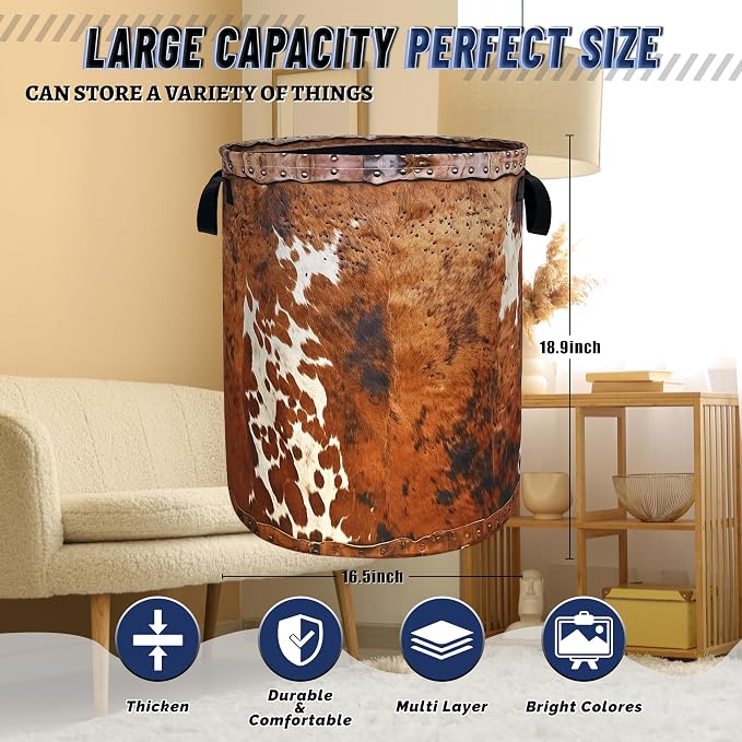 Brown Cow Skin Laundry Basket Foldable Hamper 18.9"x16.5" | Vintage Laundry Hamper With Handle Oxford Cloth Portable Clothes Storage Laundry Bag For Laundry Room/Bedroom/Bathrooms