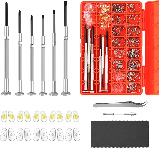 Magnetic Eye Glass Repairing Kit, Sunglasses Eyeglass Repair Kit with Eyeglass Screws，Include 10 Pairs of Screw-in Nose Pads, Screws, Screwdrivers, Tweezer and Cleaning Cloth for Glasses