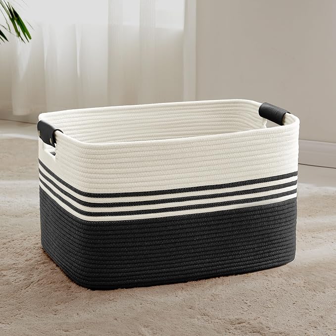 72L Large Woven Laundry Basket Hamper with Leather Handles,Black | collapsible wicker hamper, storage for dirty clothes, toys, blankets, gifts, living room, bedroom, bathroom, 22"x17"x12"