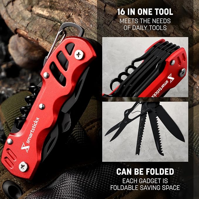 16-in-1 Multi Tool Tactical Survival Knife – Camping Gear, Red | Fish Scaler, Bottle Opener, Scissors, Saw, Screwdrivers, Keychain Ring, Anti-Oxidation Coating, Compact EDC Pocket Size