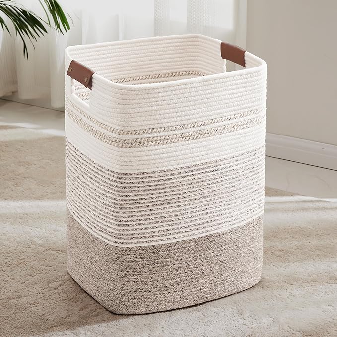 85L Tall Woven Laundry Basket Hamper with Leather Handles,Brown | collapsible wicker hamper, storage for dirty clothes, toys, blankets, gifts, living room, bedroom, bathroom, 17"x14"x22"