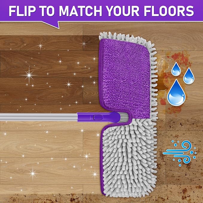 2-Sided Microfiber Flat Mop for Hardwood Floors & Walls Cleaning | Flip Dust Broom, Wet Dry Use, 3 Chenille & Microfiber Pads, 58" Handle, 360° Swivel, Sweep Pet Hair, Tile, Laminate, Kitchen
