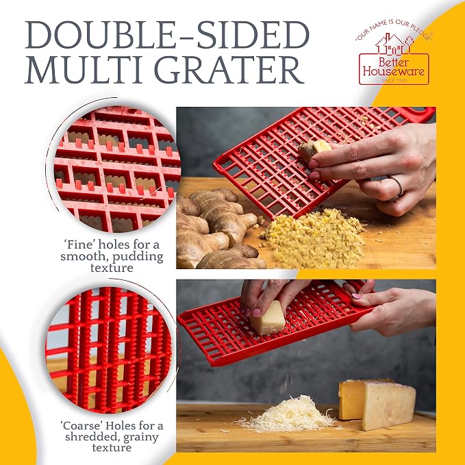 Better Houseware Grater for Kitchen - Kids Safe & Durable Small Cheese Grater with Dual Sides - Coarse Holes for Potatoes, Garlic, and Chocolate, Fine Holes for Pudding Texture - Easy to Clean, Red