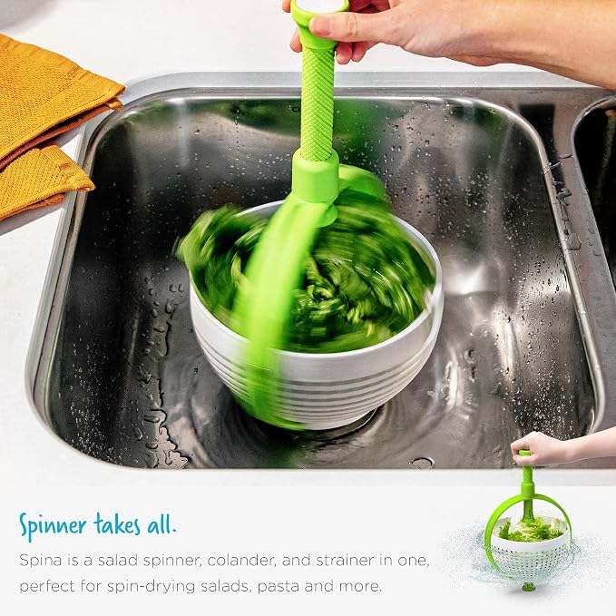 Dreamfarm Spina 2-In-1 Easy-To-Use, Collapsible Salad Spinner & Straining Colander for Salad, Fruit, Vegetable, Lettuce - White/Green | Compact storage, in-sink salad washer and strainer, 12 cup capacity, cleans fruit, vegetables and berries, drains pasta