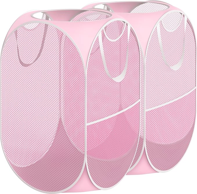 Simple Houseware Mesh Pop-Up Laundry Hamper with Side Pocket, 2 Pack, Pink