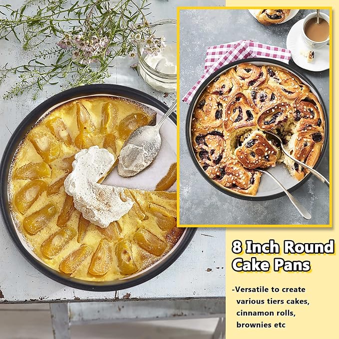 E-far 8 Inch Cake Pans Set of 2, Nonstick Stainless Steel Small Round Baking Pans with Parchment Paper & Side Liner Roll, Stainless Steel Core & Non-toxic Coating, Straight Side & 2 Inch Deep