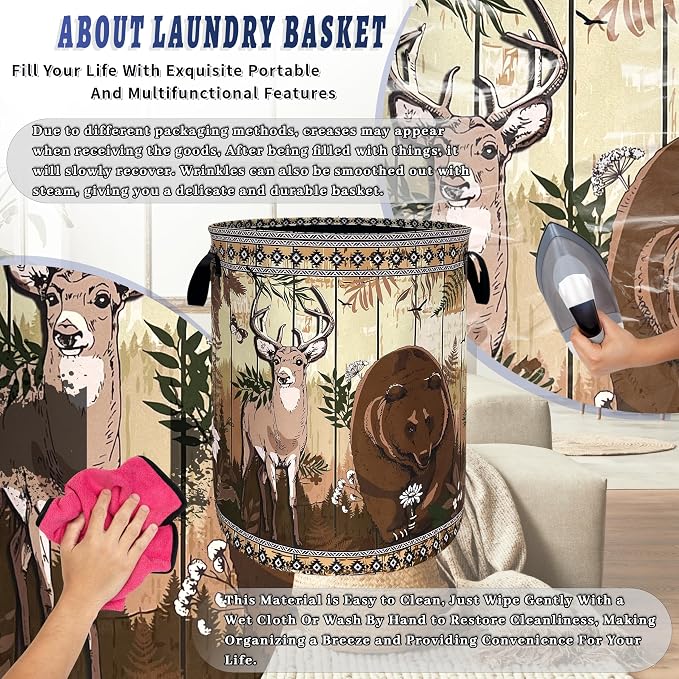 Funny Laundry Basket Oxford Cloth Forest Animal Bear and Deer Laundry Hamper With Handle Foldable Portable Clothes Storage Basket Colorful Laundry Bag 18.9"x16.5" For Laundry Room/Bedroom/Bathrooms