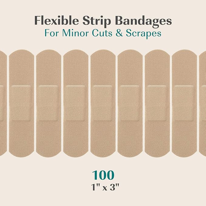 FEBU PFAS Free Bamboo Fabric Bandages, 1in x 3in, 100 Count Pack | Flexible Fabric, Latex Free, Natural Hypoallergenic, For Scrapes, Cuts & First Aid