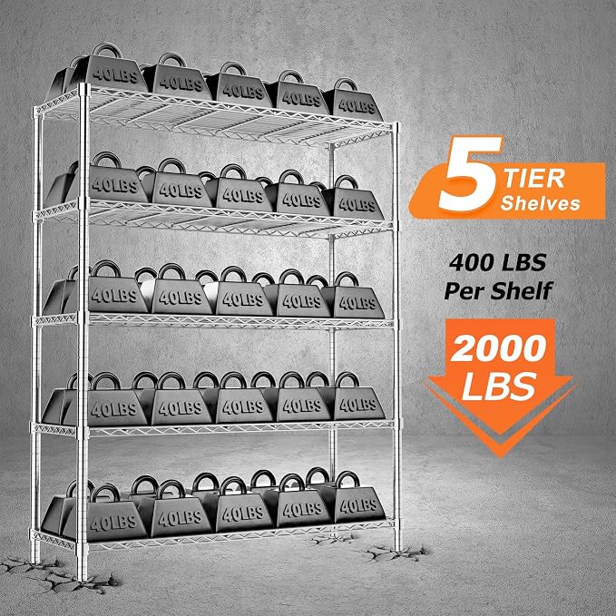 Storage Shelves Heavy Duty, 3 PCS 48" L x 20" W x 72" H Garage Wire Shelving Unit Loads 2000LBS, 5-Tier Adjustable Metal Industrial Utility Shelf Rack for Kitchen, Laundry Room, Warehouse, Basement