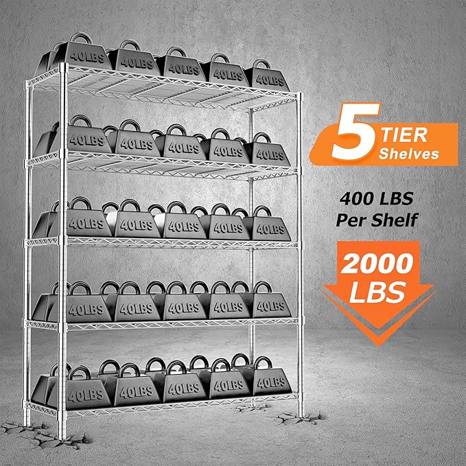 ROOMTEC 5-Tier Wire Shelving Unit,40" W*16" D*72" H,Max Load 2000 lbs | Garage Shelves, Adjustable Storage Rack, Heavy Duty Metal Shelf for Kitchen, Pantry, Laundry, Basement