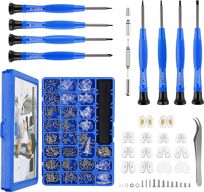 Upgrade Version Magnetic Eye Glass Repairing Kit, Eyeglass Repair Tool Kit with Compact Screw Box Include Nose Pads, Precision Screwdriver Set, Screws, Tweezer for Eyeglass, Sunglass, Spectacles Watch