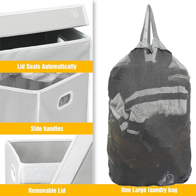 Simple Houseware Foldable Laundry Hamper Basket with Lid and Bag, Gray