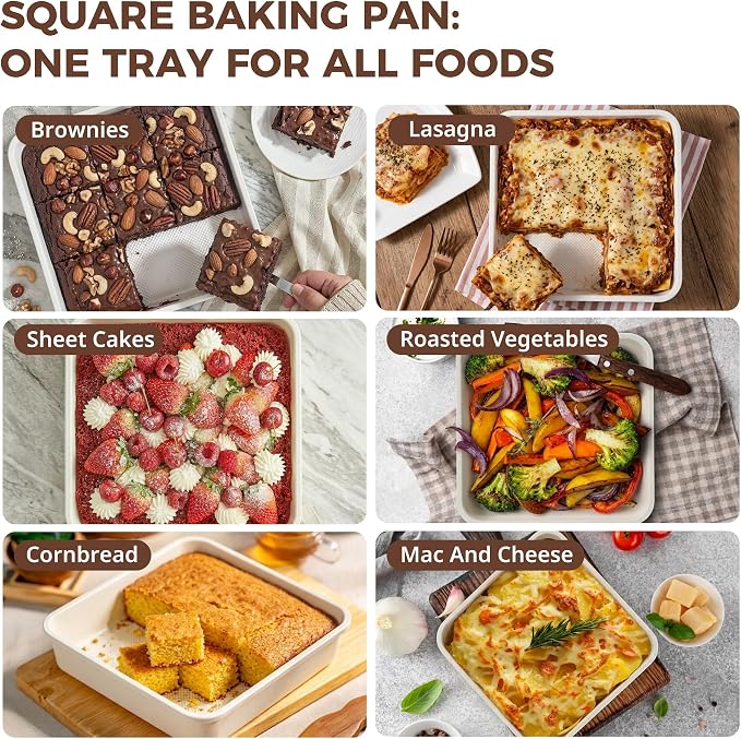 HONGBAKE Ceramic 9x9 Baking Pan 2 Pack, Square Cake Pan with Diamond Texture, Aluminized Steel Nonstick Square Baking Pan for Brownies, Cream