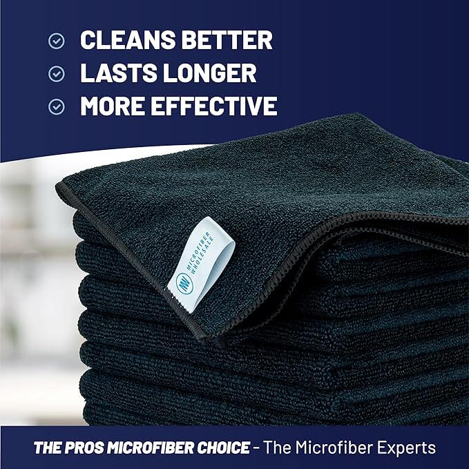 Microfiber Wholesale MW Pro 16x16 Auto Detailing Towels - Plush Car Drying Cloths for Wax Removal, Interiors & Body Shops - Scratch Free (Black, 12-Pack)
