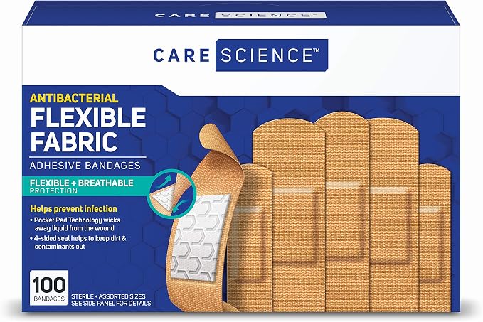 Care Science Fabric Adhesive Bandages, 100 ct Assorted Sizes | Flexible + Breathable Protection Helps Prevent Infection for First Aid and Wound Care | Flexible + Breathable Protection for First Aid and Wound Care.