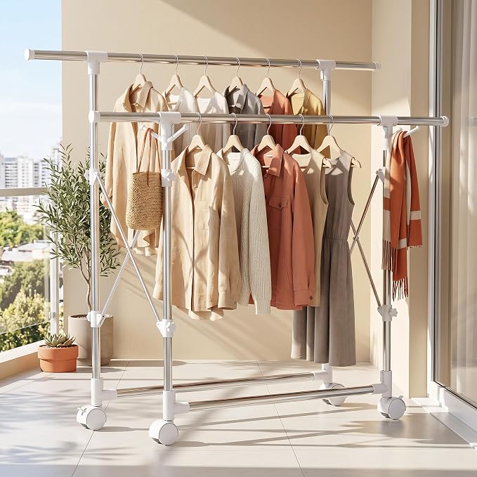 Clothes Drying Rack Foldable,Portable Laundry Collapsible | Folding Stainless Steel Standing Dry Rack for Outdoor Indoor Adjustable Double Rod with Wheels,Space Saving Rolling Dry Rack