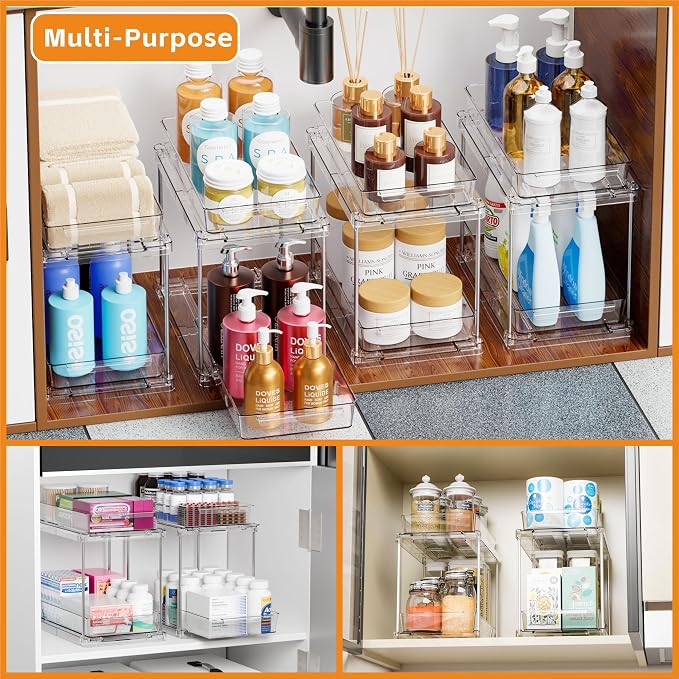 Yieach 4 Pack Under Sink Organizers and Storage,Clear Acrylic Bathroom Organizer and Cabinet Organization for Makeup,Medicine,Two Tier Pull Out Cabinet Organizer Drawers for Pantry,Vanity Storage Bins