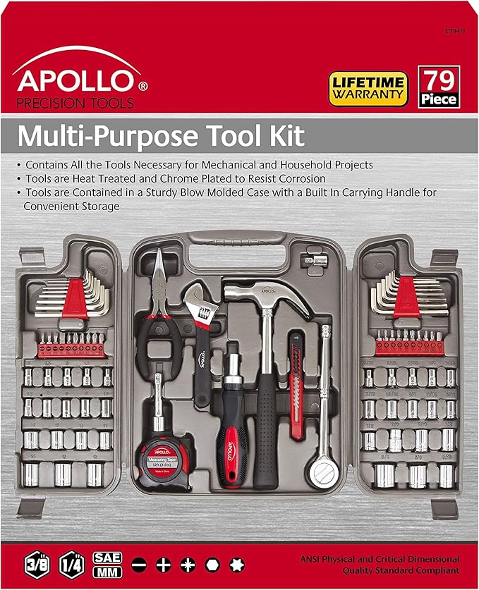 Apollo Tools 79 Piece Multi-Purpose SAE and Metric Tool Set with Sockets for the Garage, Home or on the Road. Includes Essential Tools for Vehicle Maintenance and Repairs - Red- DT9411