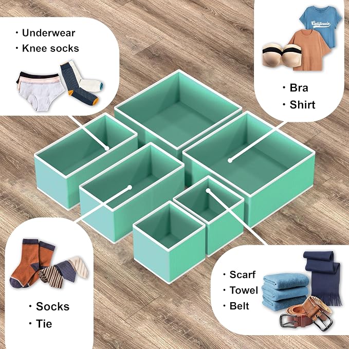 Simple Houseware Underwear Drawer Organizer, Set of 6, Turquoise | for Lingerie/Undergarment/Bra/Panty/Sock/Onesie