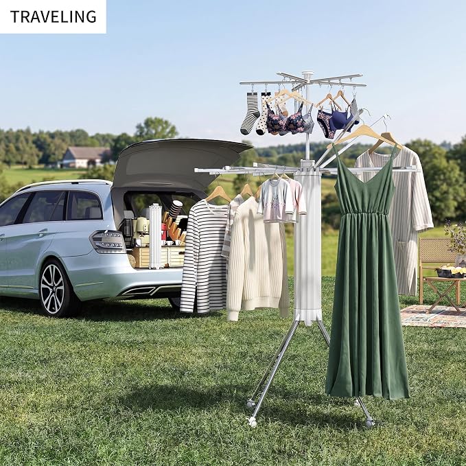 RFOUO Foldable Clothes Drying Rack Aluminum 4 Legs 16 Rods Double Layer | Portable，Space-Saving Freestanding Drying Rack for Indoor Outdoor, Apartment, Bedroom, Laundry Room
