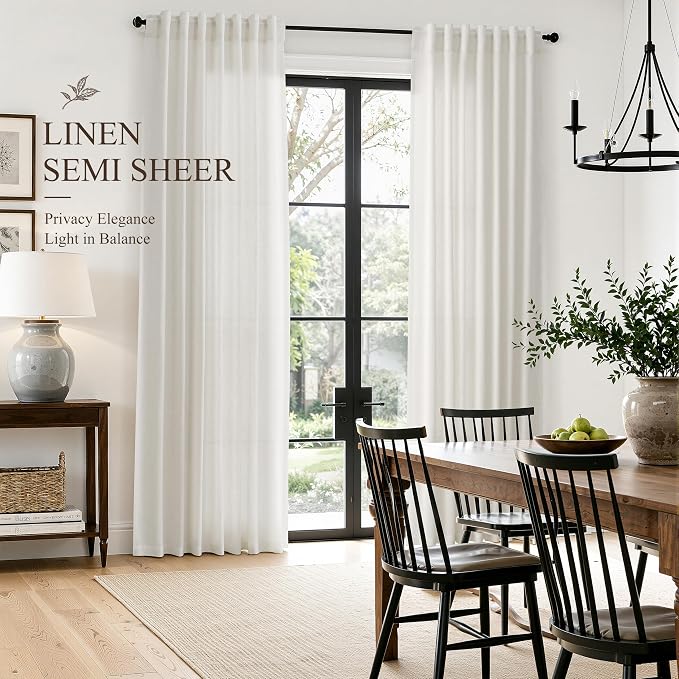 Hokibero Natural Linen Curtains 63 Inches Long for Living Room 2 Panels | Light Filtering Semi Sheer Curtain, Back Tab Rod Pocket Pleated Look, Ivory Privacy Drapes for Bedroom Window, Boho Farmhouse