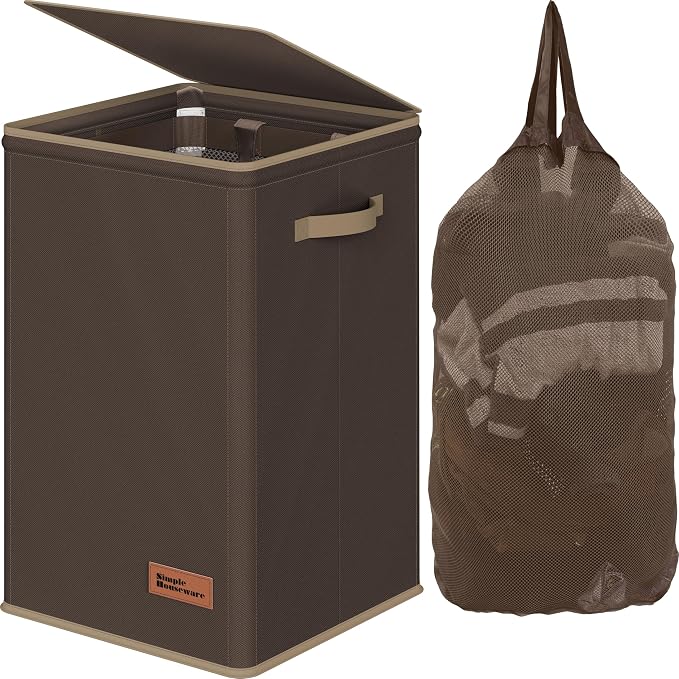 Simple Houseware Foldable Laundry Hamper Basket with Lid and Bag, Brown | Heavy Duty 600D Polyester, Water-Resistant Surface