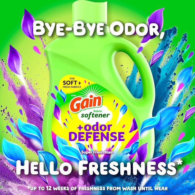 Gain Super Fresh Blast Liquid Odor Defense Fabric Softener, 140 FL OZ 190 Load, Softening Laundry Conditioner for 2 in 1 Freshness plus Odor Protection