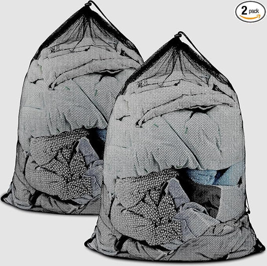 Large Mesh Laundry Bags: 2 Pack 24" x 36" Heavy Duty | Soft Breathable, Machine Washable, For College Dorm, Travel Family Use, Black