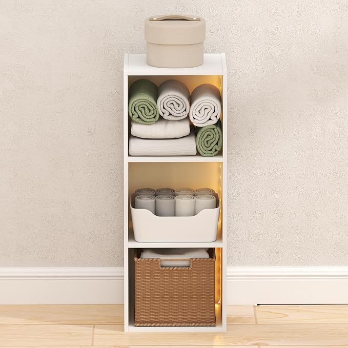 Furinno LUDER 3-Cube Closet Organizer with LED, Closet Storage, White | 9.3 x 12 x 31.5, White LED Light, Organizers and Storage, Closet Storage, for Wardrobe, Bedroom, Entryway