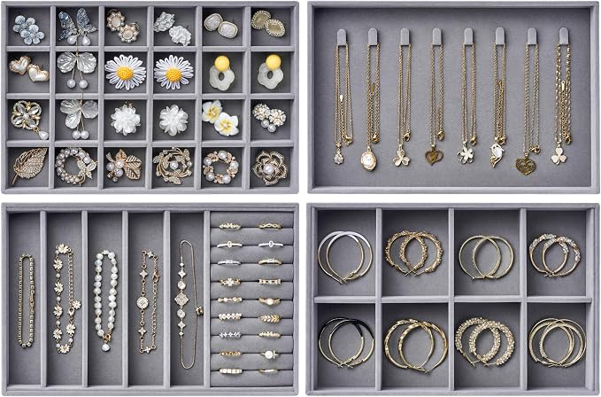 Velvet Jewelry Drawer Organizer Trays – Large Grey Stackable Jewelry Storage Inserts Set, 4-Layer Jewelry Tray Set for Earrings, Rings, Necklaces, Bracelets with Removable Dividers for Dresser, Vanity
