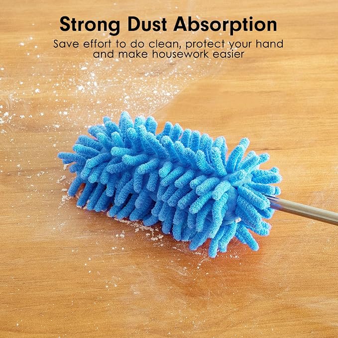 Duster for Cleaning, 10-29" Extension Pole, 2 Washable Heads, Blue | Microfiber Heads, Wet Or Dry, Detachable, Hand Washable, Easy Storage, For Cars, Offices, Windows, Furniture And Ceiling Fan