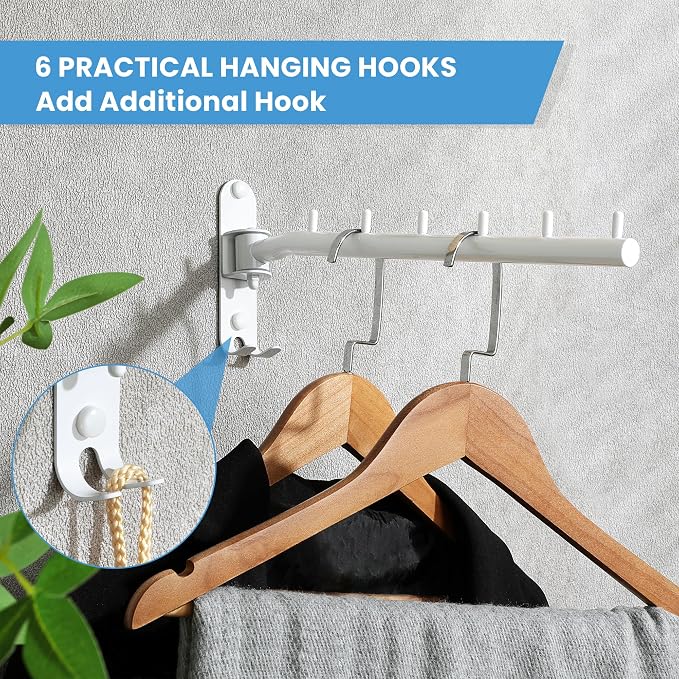 Mooche Swing Clothes Hanger Rack, Garment Racks 11.93" Long, White | 180°Rotation Laundry Drying Rack 304 Stainless Steel Space Saving Wall Mounted for Laundry Room Bedroom Balcony