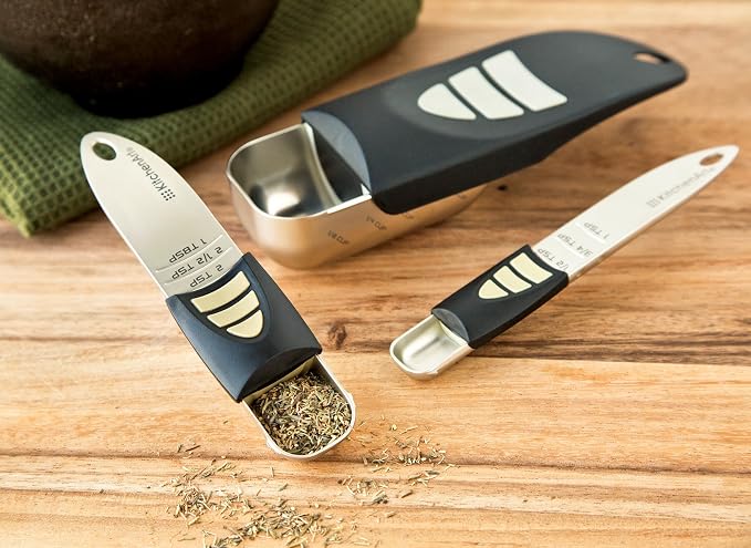 KitchenArt Cook’s Pro Adjust-A-Measure Set, 3-Piece, Satin,Black and Silver | Adjustable Measuring Teaspoon, Tablespoon, 1/2 Cup Scoop | All The Essentials For Baking & Cooking | Kitchen Gadgets & Gifts