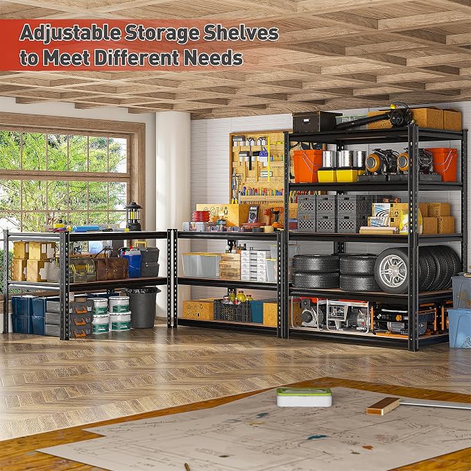 REIBII 2400LBS Storage Shelves 5 Tier Garage Shelving Heavy Duty, Adjustable Metal Shelving, Garage Shelves for Basement, Warehouse, Pantry, Closet, Kitchen 72" H x 36" W x 16" D, Black, 3 Pack