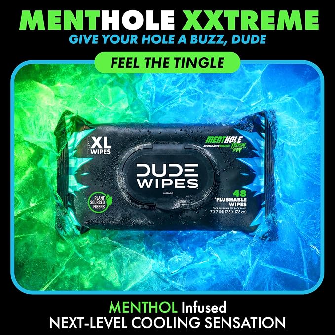 DUDE Wipes MentHOLE XXtreme Flushable Wipes - Menthol Infused Extra-Large Adult Wet Wipes - 3 Pack (144 Count) - Infused with Menthol for a Cooling Sensation - Septic and Sewer Safe