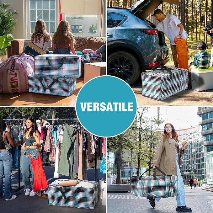 WORKPRO 6 Pack Extra Large Moving Bags with Backpack Straps & Handles | Heavy Duty Moving Storage Bags, Lattice Print, Double Zippers for Moving, Dorm, Closet Storage & Travel