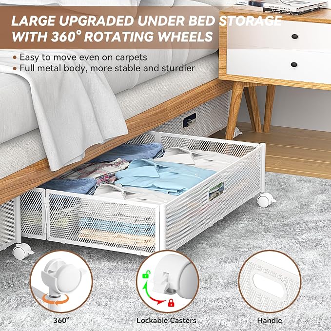 PHINOX Under Bed Storage with Wheels & Handle,Metal,Large,2 Pack,White | Tool-free assembly, glide smoothly, easy reach, foldable, maxmazie low-profile beds, dorm, keep seasonal clothes, shoes fresh
