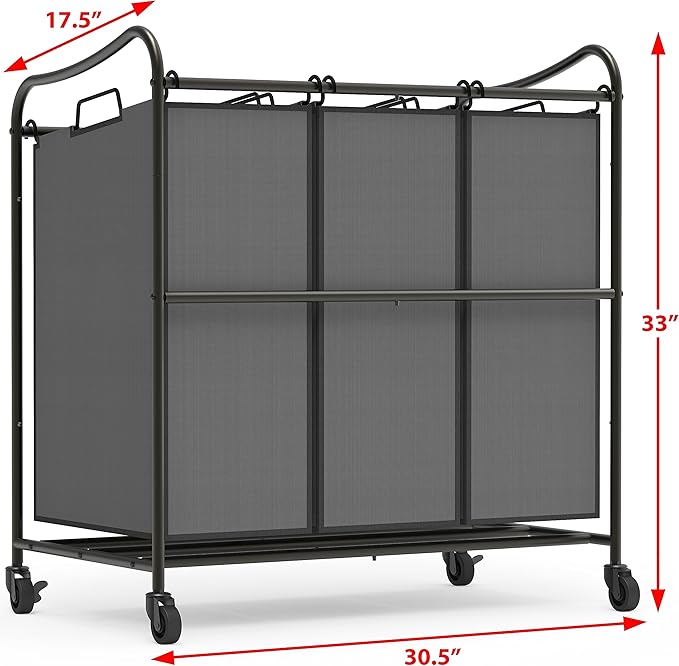 Simple Houseware Heavy Duty 3-Bag Laundry Sorter Rolling Cart, Dark Grey | Removable Bags and Lockable Wheels for Laundry Room Organization