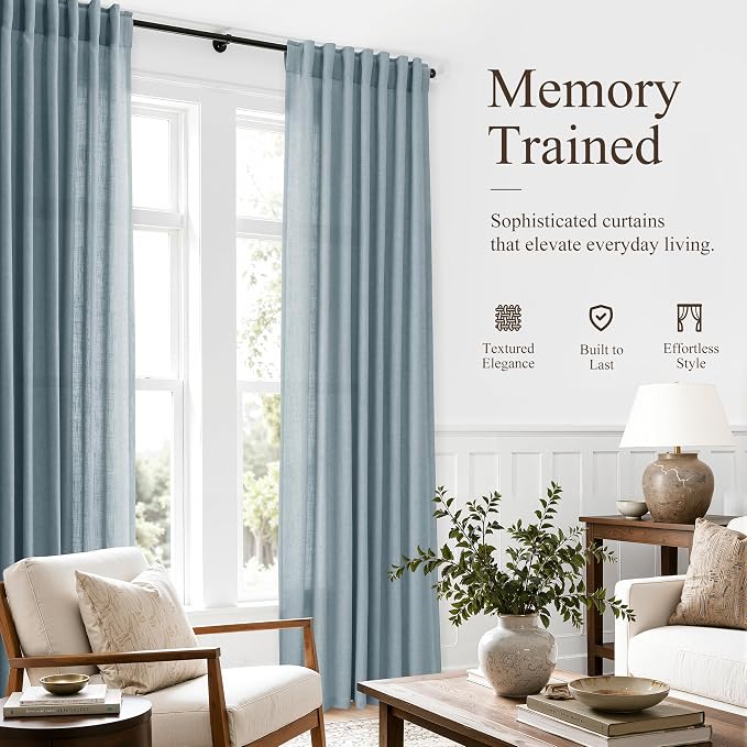 Hokibero Blue Linen Curtains 63 Inches Long Drape for Living Room 2 Panels | Light Filtering Sheer Curtain, Back Tab Rod Pocket Pleated Look, Dusty Blue Privacy Drapes for Bedroom Window, Boho Farmhouse
