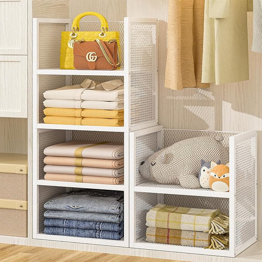 DAOUTIME 6-Tier Stackable Closet Organizers and Storage Basket, Wire Closet Shelf Organizer, Sweater Storage Oragnizer Bins, Multifunctional Clothes Storage Drawer Organizer for Wardrobe, White