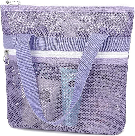 GYEUKHAM Portable Mesh Shower Caddy with 2 Zipper Pockets & Dual Handles, Quick-Drying Hanging Shower Tote for College Dorm, Gym, Travel & Camping, Purple