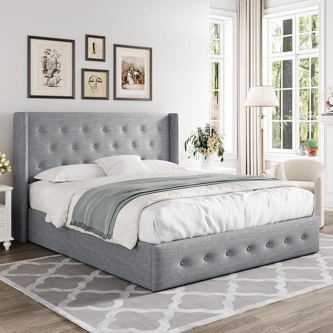 Allewie Queen Size Lift Up Storage Button-Tufted Bed Frame Light Grey | Modern Wingback Headboard, Hydraulic Support Storage, No Box Spring Needed