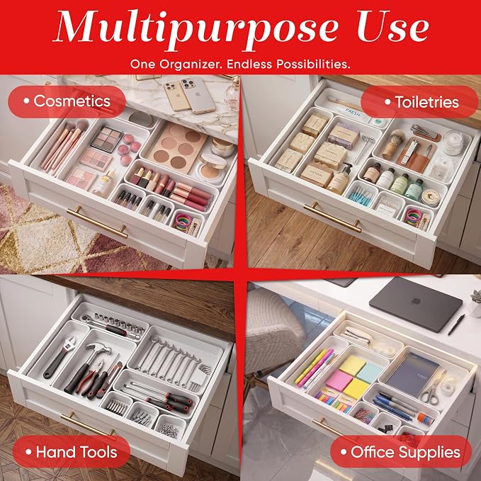 Masirs Interlocking Drawer Organizer Bins - Durable Plastic, Various Sizes for Custom Layout Design. Great for Desk Drawer, Tool Box or Garage Organization. (White | 8-Piece Set)