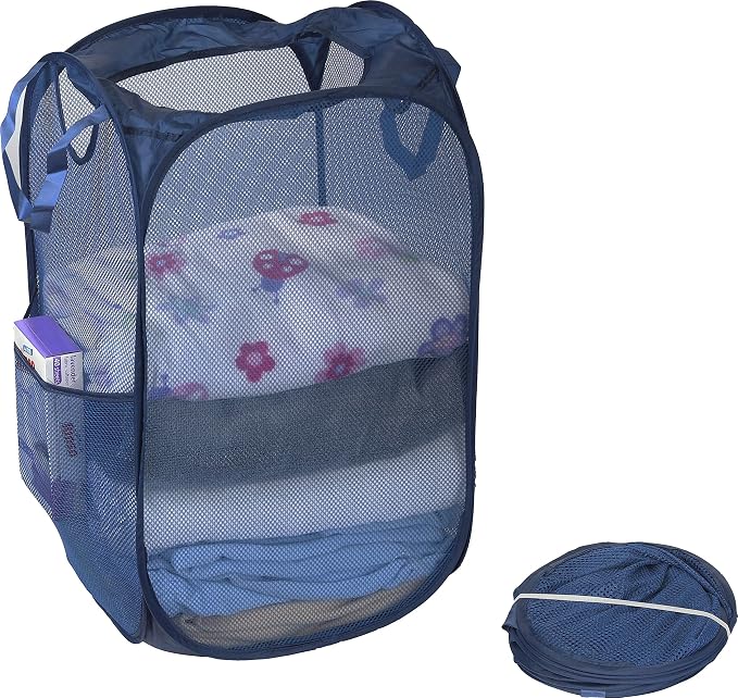 Simple Houseware Mesh Pop-Up Laundry Hamper with Side Pocket, 2 Pack | Dark Blue