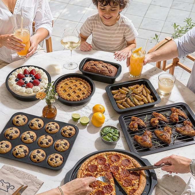 HONGBAKE Bakeware Sets, Baking Pans Set with Kitchen Oven Mitts, Nonstick Oven Pan for Kitchen with Wider Grips, 12-Piece Including Rack, Cookie Sheet, Cake Pans, Loaf Pan, Muffin Pizza Pan
