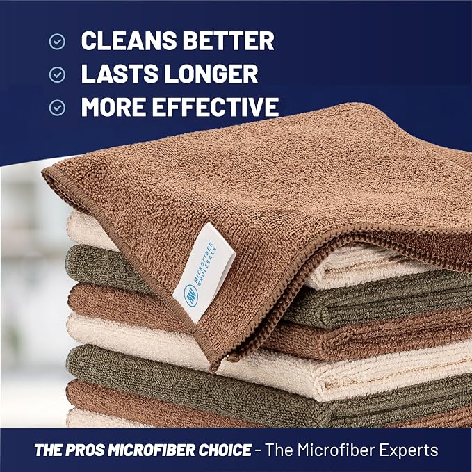 MW Pro Multi-Surface Microfiber Towel – Sand, Olive, Tan 12 Pack |16"x16" Premium Cleaning Cloth | Clean, Dust, Polish, Absorb | Large