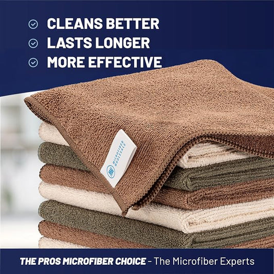 MW Pro Multi-Surface Microfiber Towel – Sand, Olive, Tan 12 Pack |16"x16" Premium Cleaning Cloth | Clean, Dust, Polish, Absorb | Large